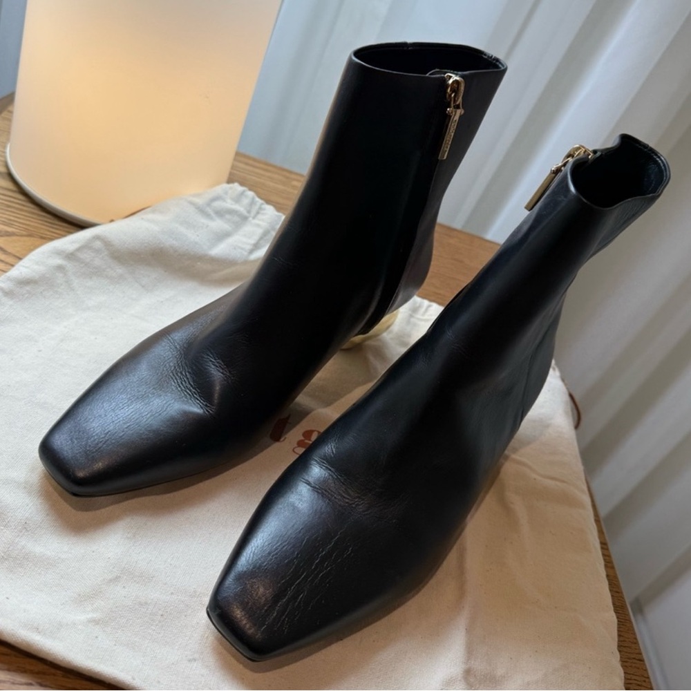 Cult Gaia Black Ankle Boots with Gold Sphere Heel - Picture 3 of 4